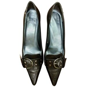 Stuart Weitzman Black Leather Studded Buckle Kitten Heels w/ Original Box